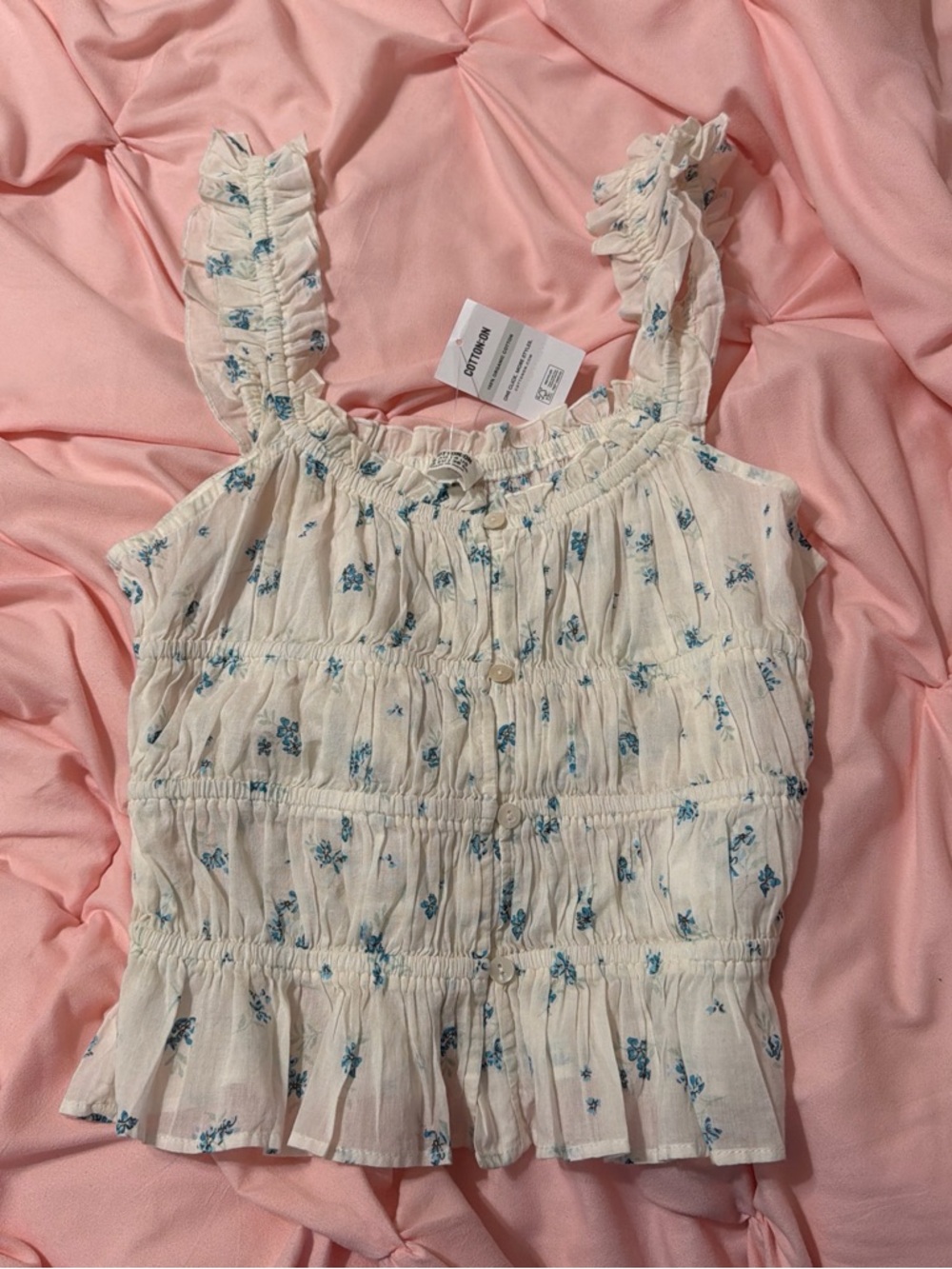 Cotton On Cream Floral Ruffle Tank Top with Blue Print